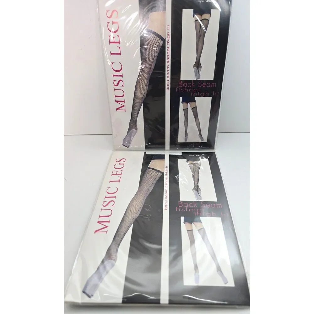 Fishnet Stockings Lot of 2 Pks. Thigh Hi Back Seam White New Sexy Music Legs